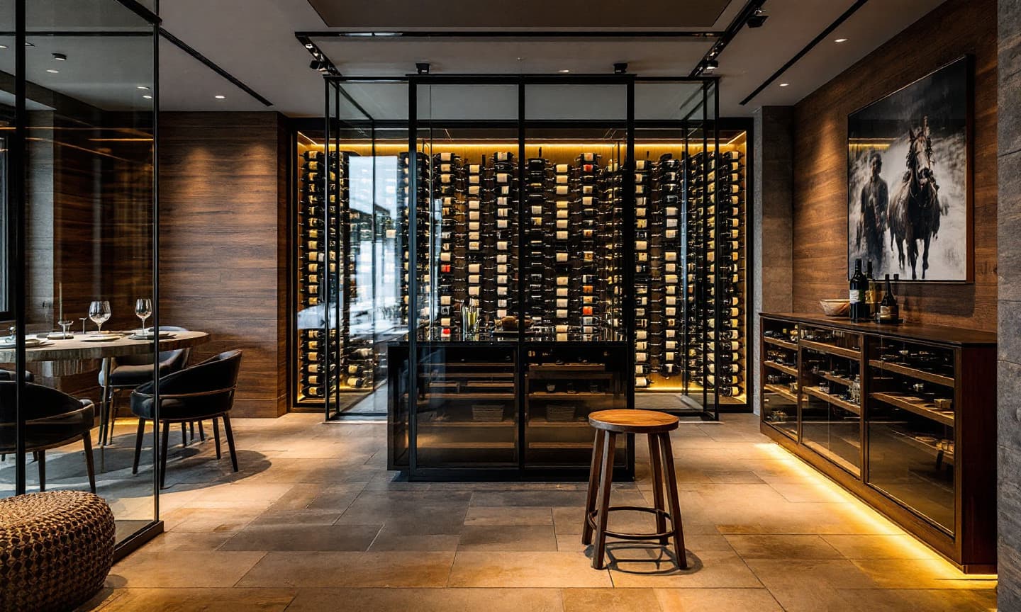 Glass-walled, climate-controlled wine room with oak racks and warm accent lighting
