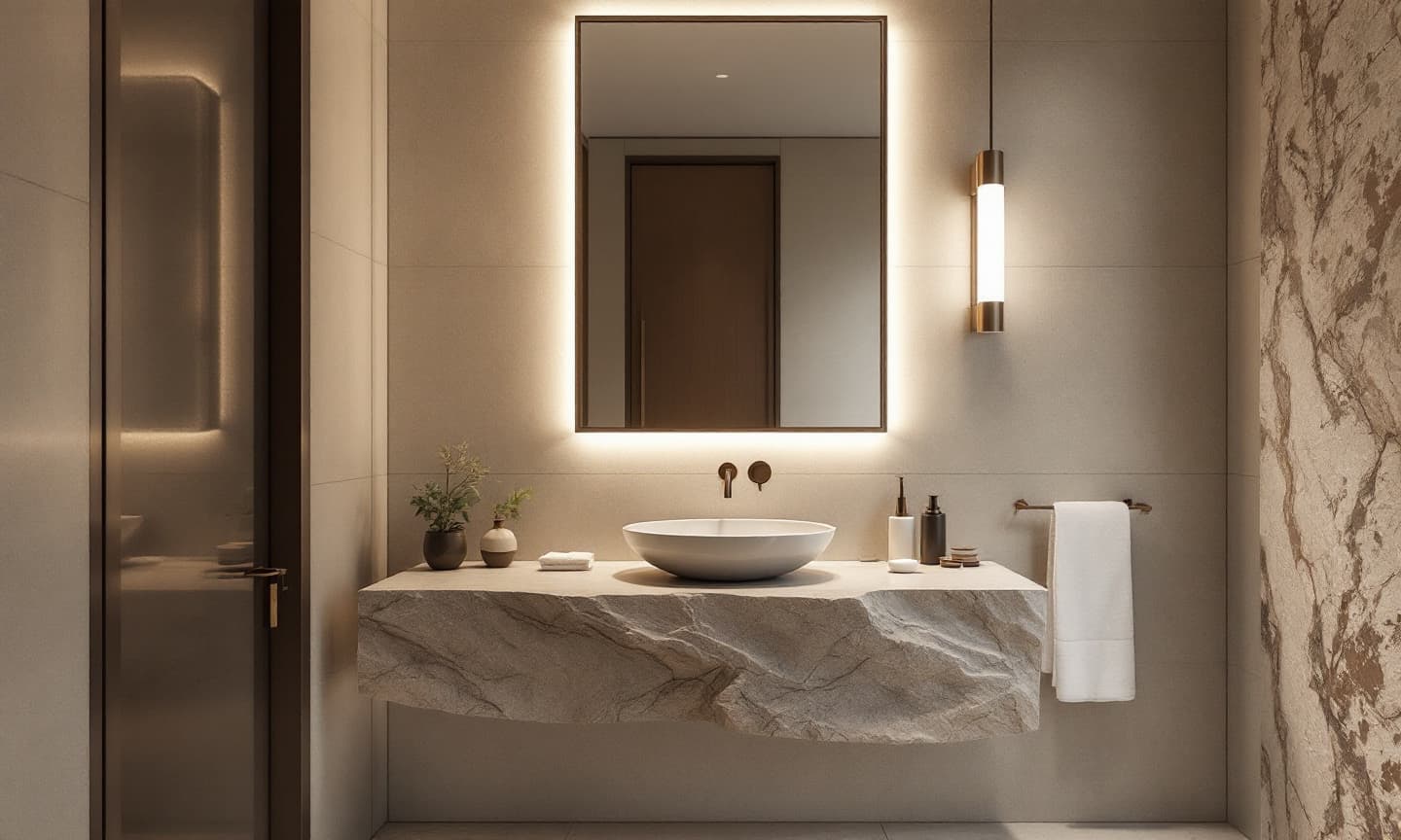 Powder room with a floating natural stone vanity, vessel sink and backlit mirror