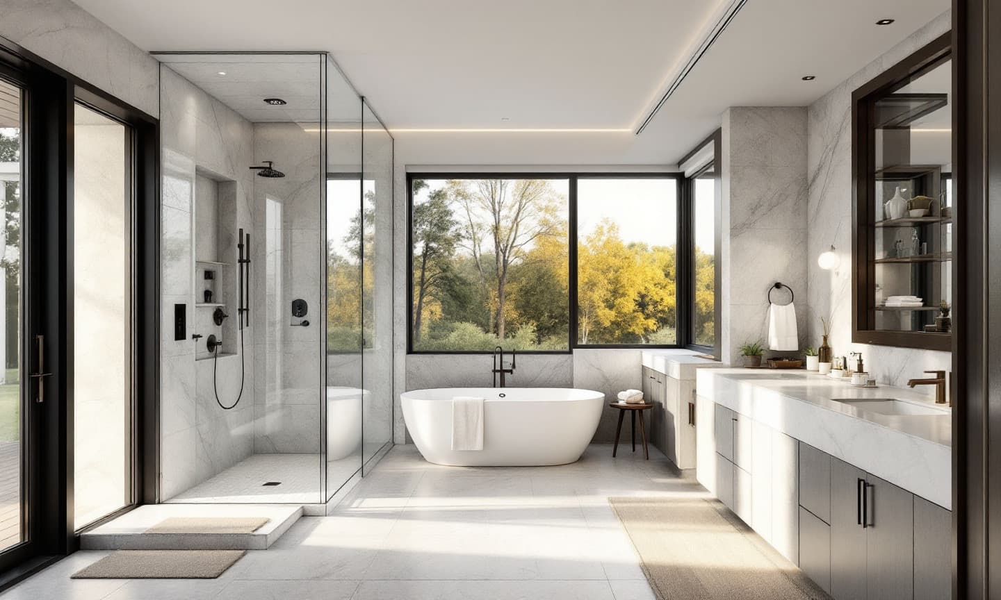 Primary ensuite with curbless glass shower, freestanding soaking tub and large-format stone tile