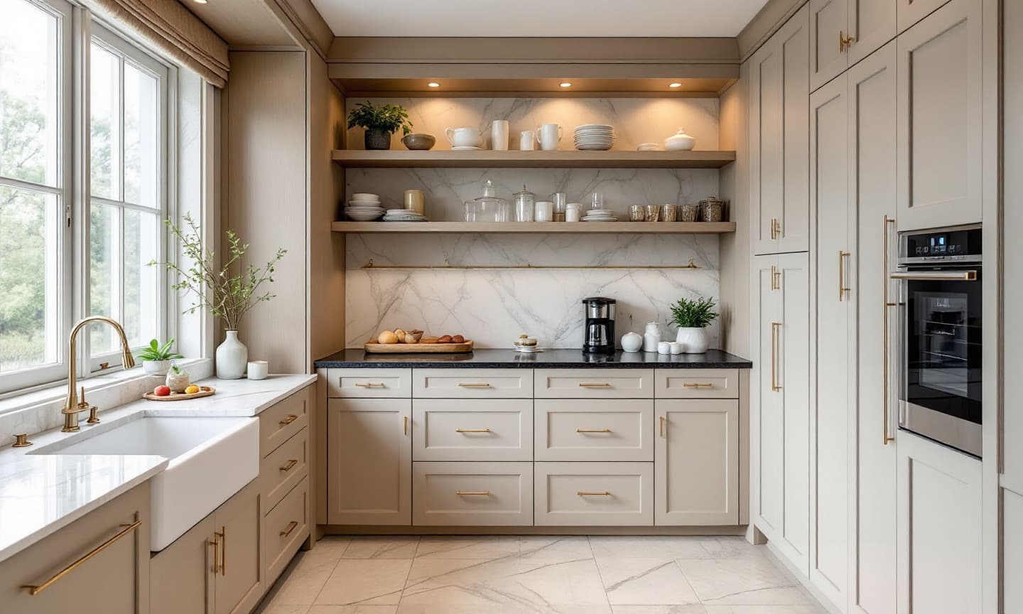 Butler's pantry with custom cabinetry, marble backsplash, open shelving and a coffee station