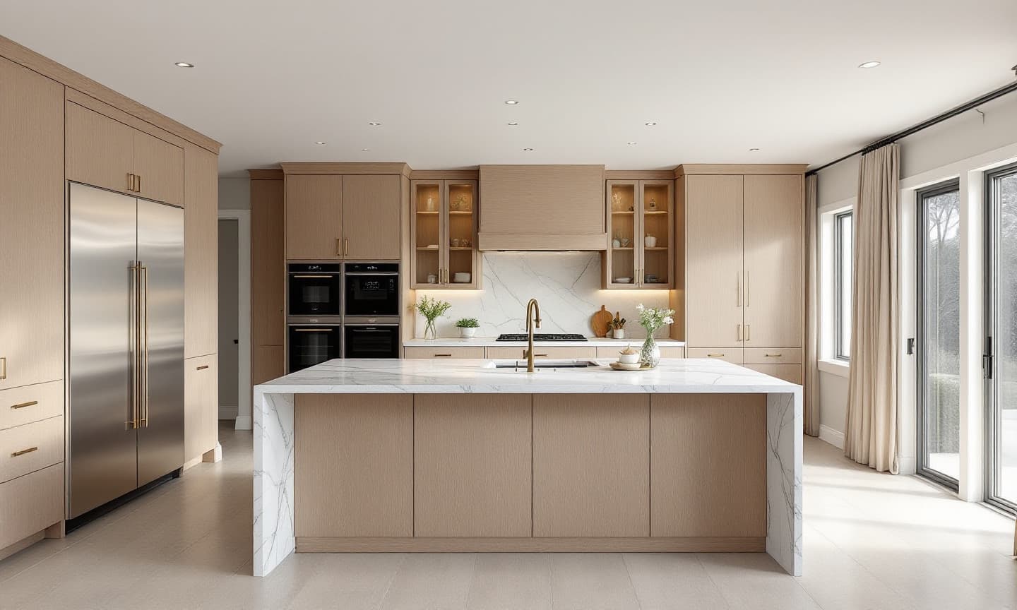 Kitchen with a large waterfall quartzite island, white oak cabinetry and panel-ready appliances
