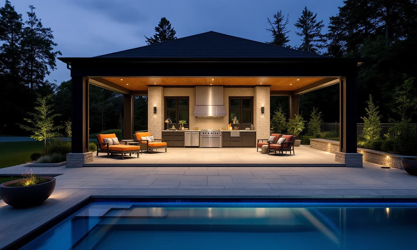 Covered poolside outdoor kitchen and lounge with stainless appliances and warm evening lighting