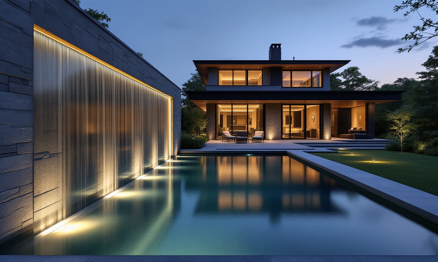 Illuminated sheer-descent water wall beside a reflecting pool and contemporary home at night