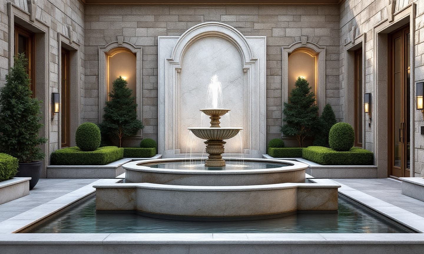 Tiered limestone fountain in a formal stone courtyard with clipped boxwood hedges